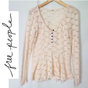 FREE PEOPLE Floral Lace Sheer Long Sleeves Top L